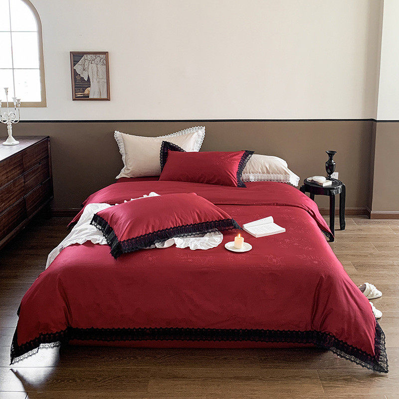 热销婚庆红色法式100s高支长绒棉提花四件套浪漫蕾丝被套结婚床上
