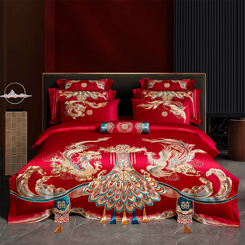 9qxc140支婚庆四件套大红龙凤刺绣结婚新房嫁喜被床上用品六