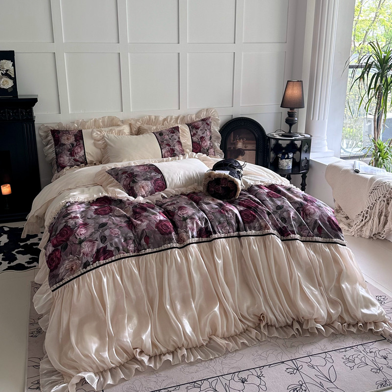 gz6m法式床裙复古长绒棉浪漫款四件套花卉褶皱花边被套公主风