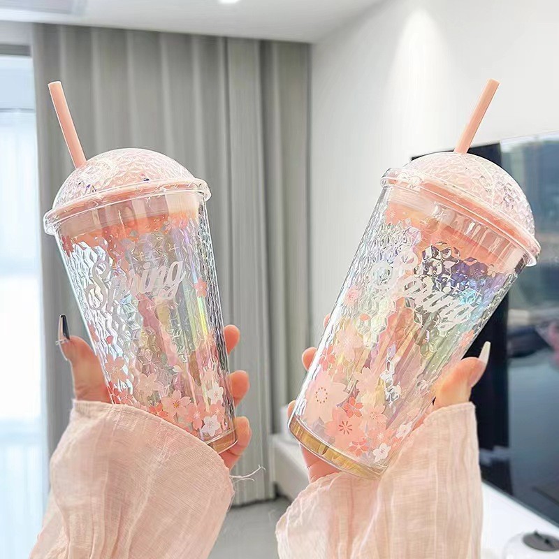 带盖带吸管樱花玻璃杯星空水杯牛奶杯ins高颜值女神杯牛奶咖啡杯