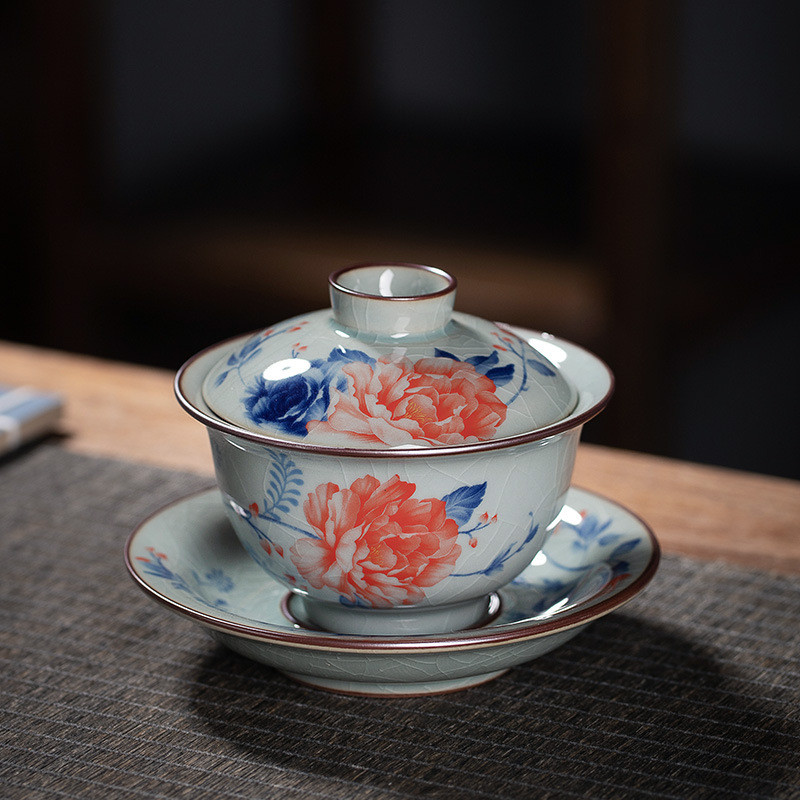 老陶泥盖碗红国色天香盖碗茶杯子高档陶瓷家用三才泡茶碗大号手工