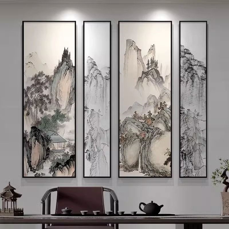 新中式客厅沙发背景墙装饰画书房茶室四联山水画办公室挂画壁画画