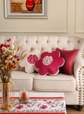 zz8n批发花朵喜字抱枕一对结婚婚庆婚房靠枕红色装饰床上客厅沙发