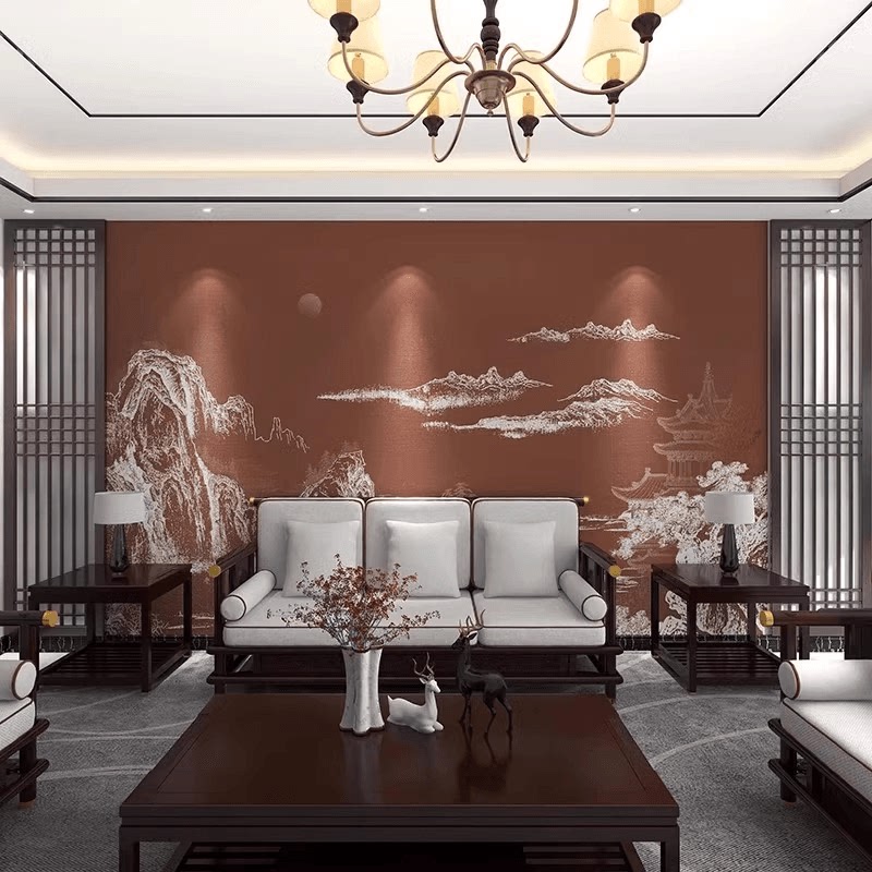 新中式红墙背景墙布复古中国风壁纸刺绣浮雕客厅电视装饰壁画墙纸图片