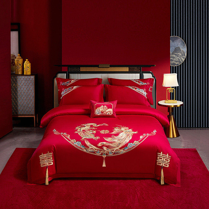 婚庆床上四件套中式全棉100支贡缎长绒棉刺绣花婚庆大红喜色新款,床上用品,婚庆床品套件,淘宝优惠券,粉丝福利购,淘宝优惠卷