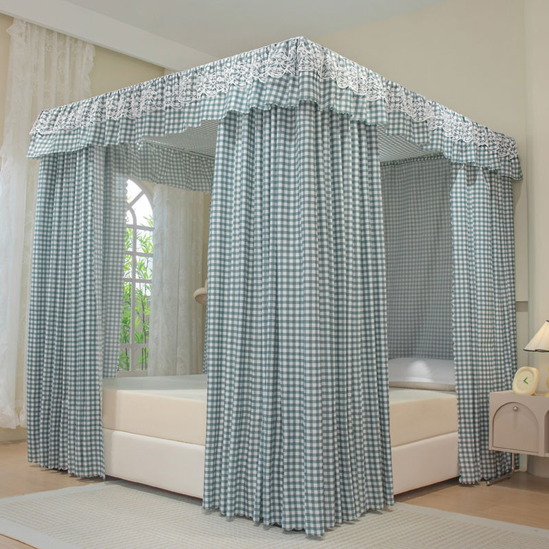 家用加厚遮光床帘公主卧室三开门床幔防尘一体式保暖落地蚊帐支架