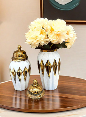 热销储物罐欧式花插陶瓷轻奢电镀将军罐花瓶工艺品摆件玄关软装装