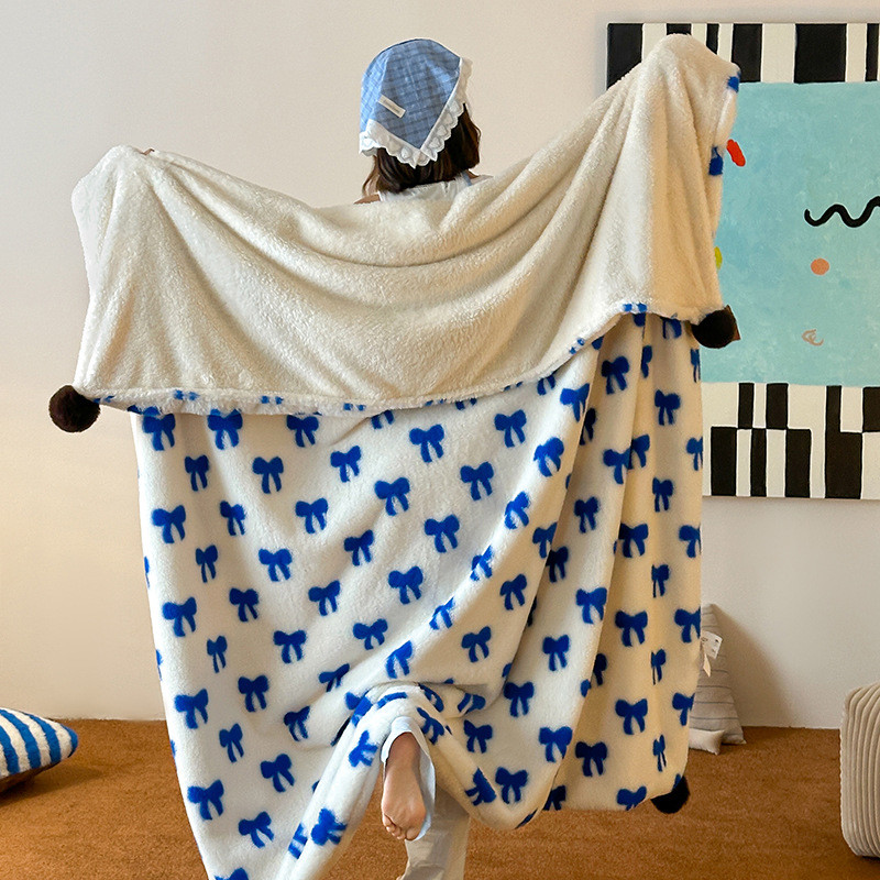 ins波点毛球球兔兔绒彩色少女心午休毯盖毯秋冬毯子沙发休闲毯子