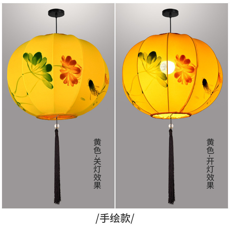 手绘彩色圆形装饰中式国潮风广告春节景区婚礼灯笼新中式布艺吊灯