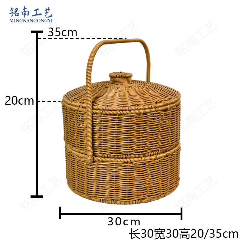 仿篮带盖圆形手提篮户外野餐篮鸡蛋篮采摘藤编喜事篮拜拜手提篮子