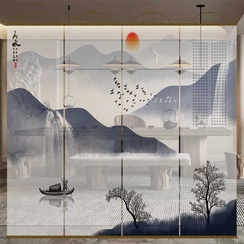 新中式水墨山水画双面透景屏风纱卷帘隔断帘挂帘窗帘玄关透光纱帘