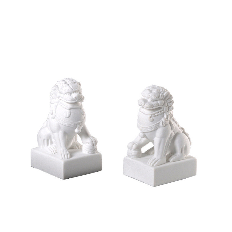 新中式白色砂岩树脂狮子摆件禅意玄关办公室软装样板房家居工艺品