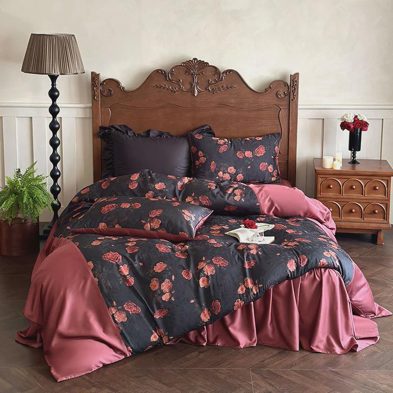 2024秋季新款100结婚贡缎全棉四件套小众轻奢法式复古红色支四件