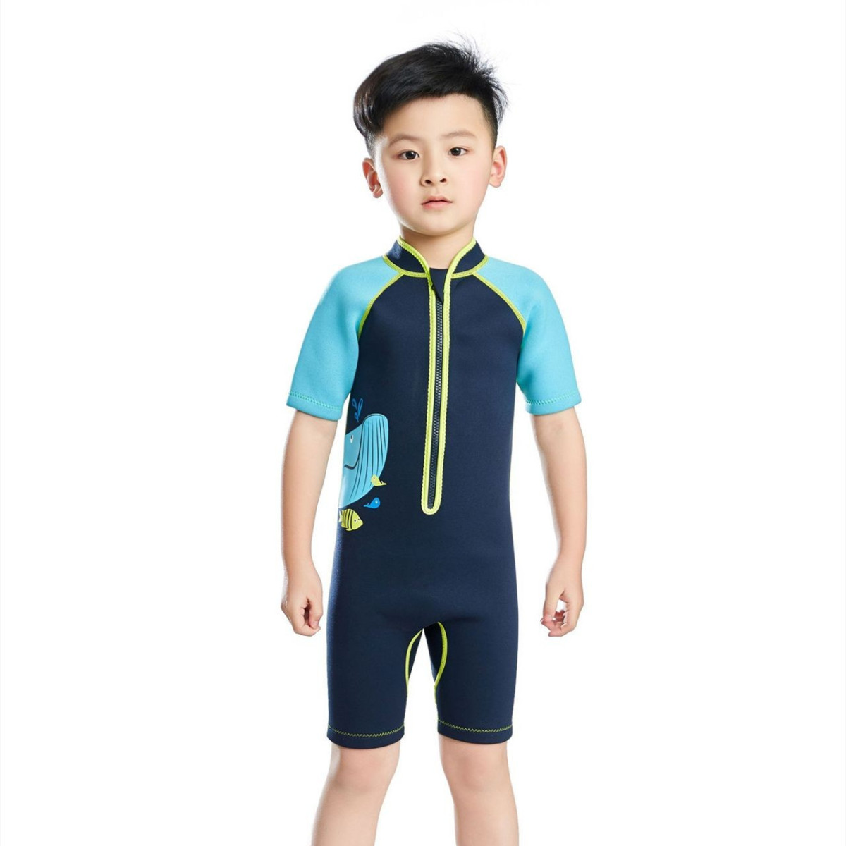 儿童新款男女童连体游泳衣短袖短裤泳装防晒速干衣潜水服一件代发