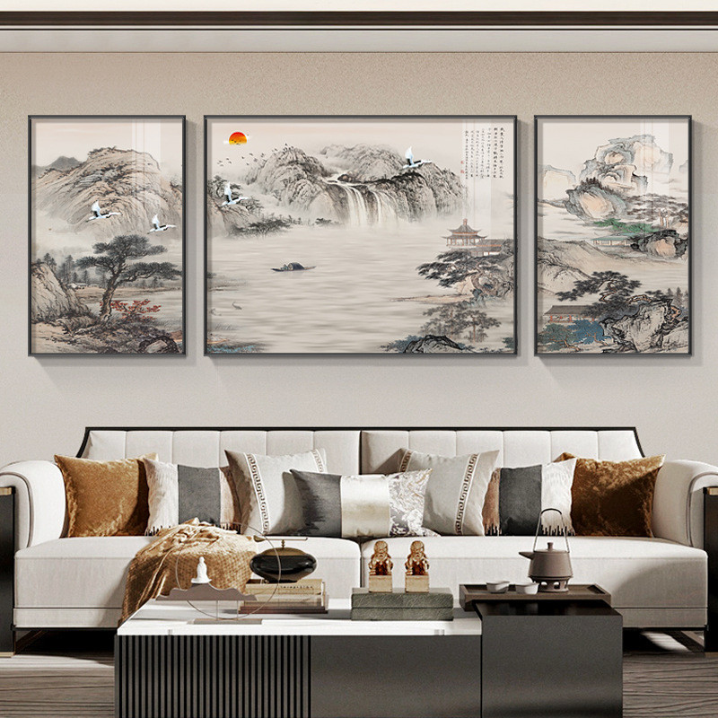 陈少梅望云楼山水画客厅三联装饰画沙发背景墙国画新中式茶室挂画