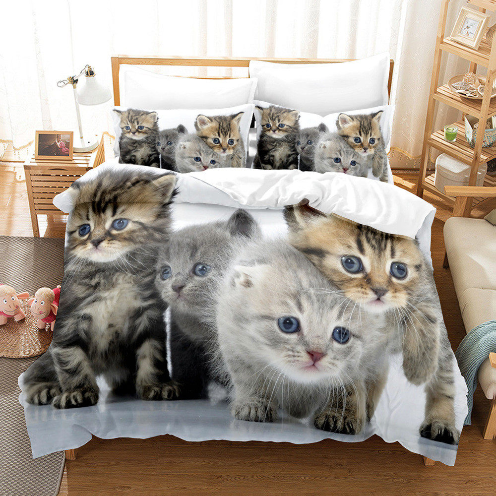 可爱动物猫咪系列三件套制定外贸家纺床品3d印花来三件套图