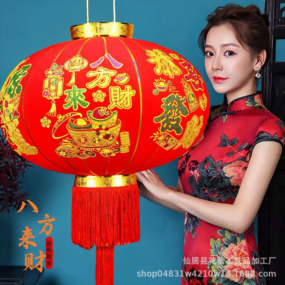 新年大红挂饰长杆春节过年植绒布灯笼阳台户外大门口喜庆装饰灯笼