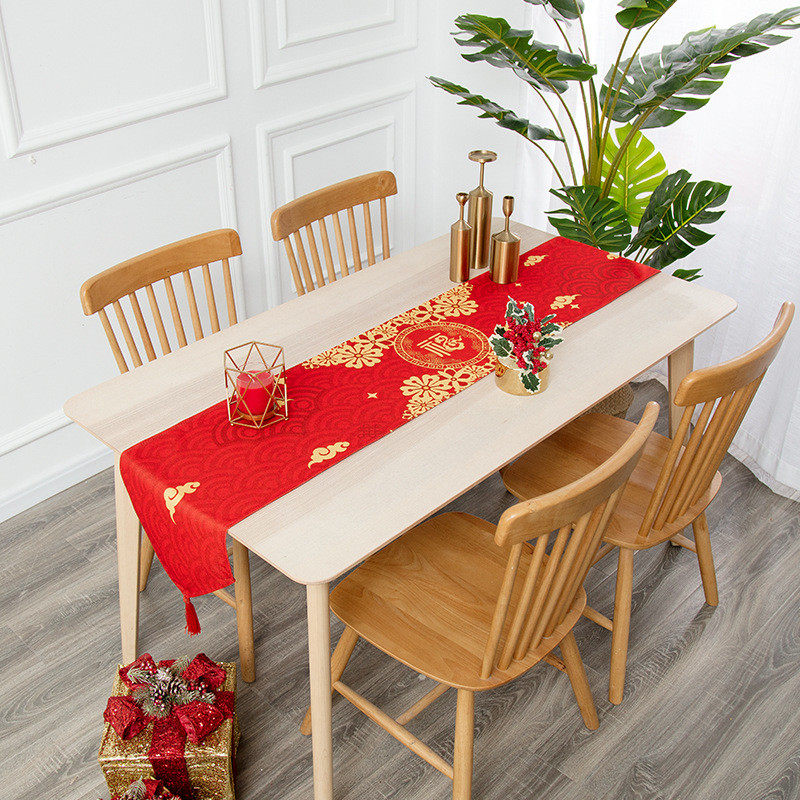 qjao批发过年喜庆红色长方形桌布新年餐厅气氛桌旗流苏棉麻电视柜