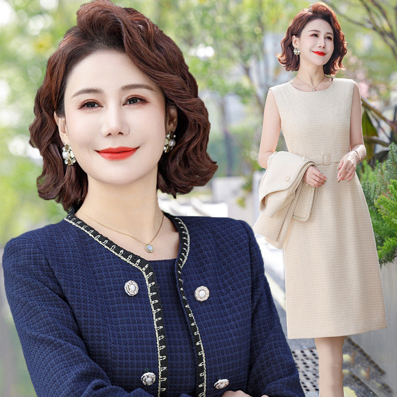 妈妈装连衣裙两件套春秋新款中老年女时尚长袖外套大码女裙子套装