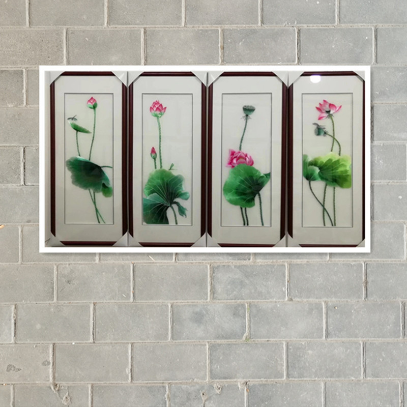 苏绣机绣装饰画成品挂画手工绣加工定制条屏山水水墨山水四国画