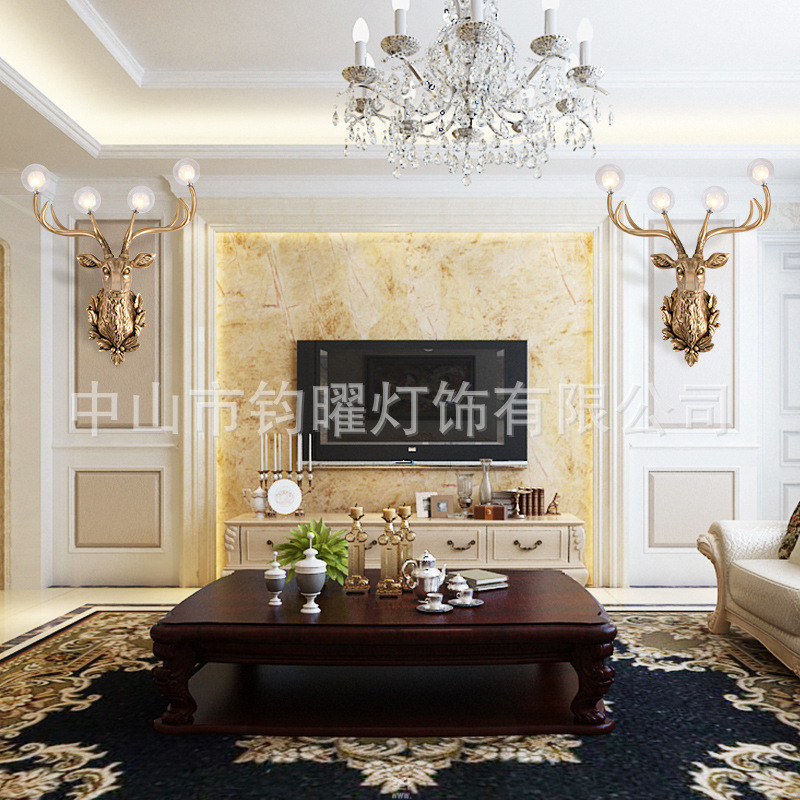 招财鹿头壁灯客厅仿真动物背景墙北欧式树脂壁灯餐厅美式复古装饰