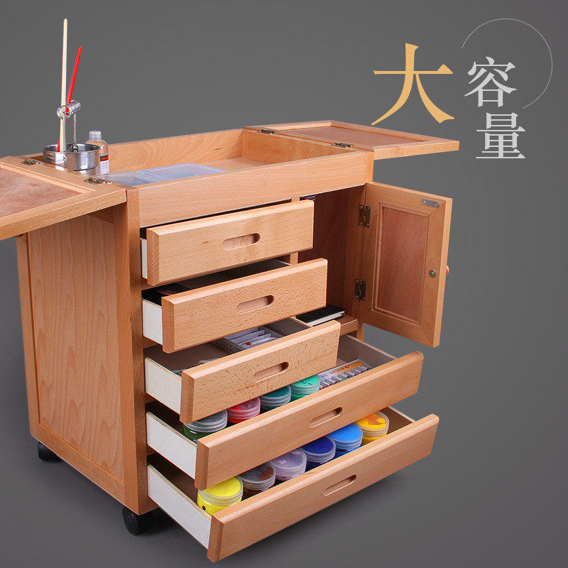 油画车榉木质画柜五抽屉型油画工具车美术多功能存放可移动调色车
