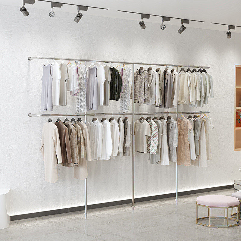 服装店展示架壁挂式童装挂衣架双层陈列架上墙不锈钢上下银色货架,商业/办公家具,展示柜/陈列柜/展示架/货柜,淘宝优惠券,粉丝福利购,淘宝优惠卷