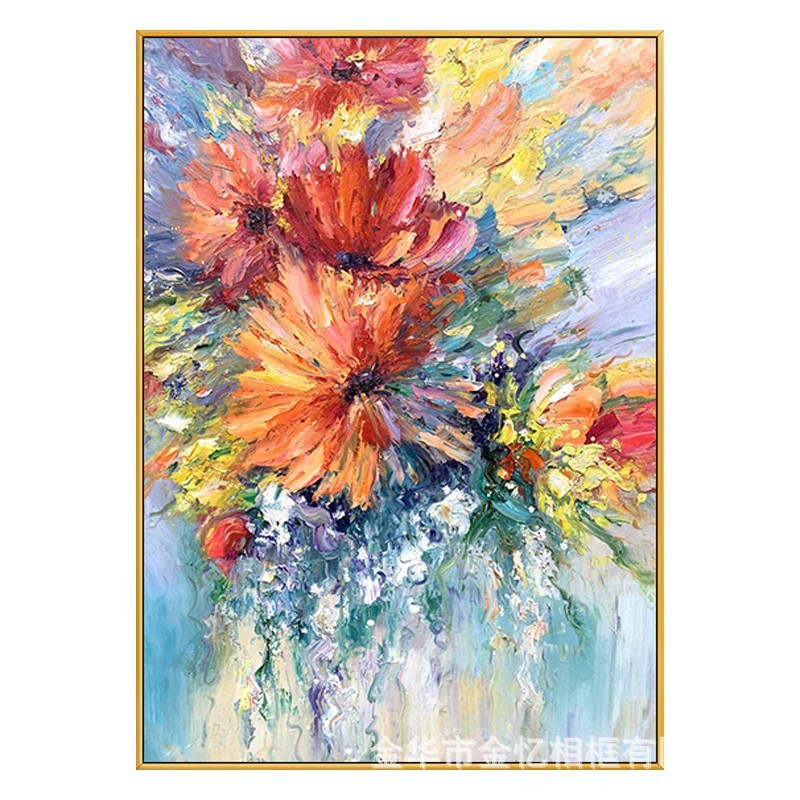 纯手绘大型肌理装饰画玄关花卉竖款立体油画金箔高端现代挂画批发图片