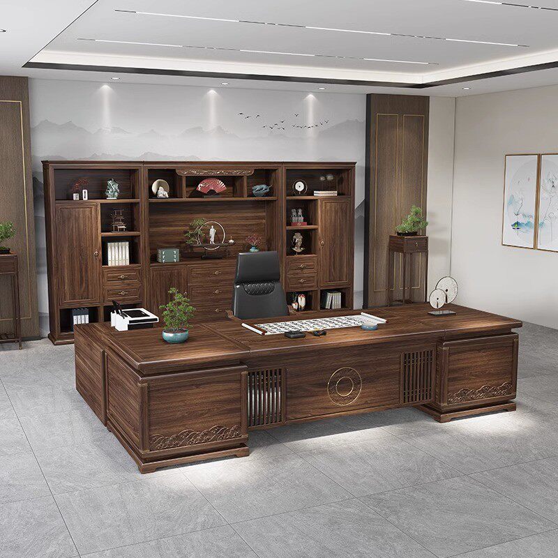 新中式实木办公桌组合花梨老板桌大班台董事长办公室沙发书柜金