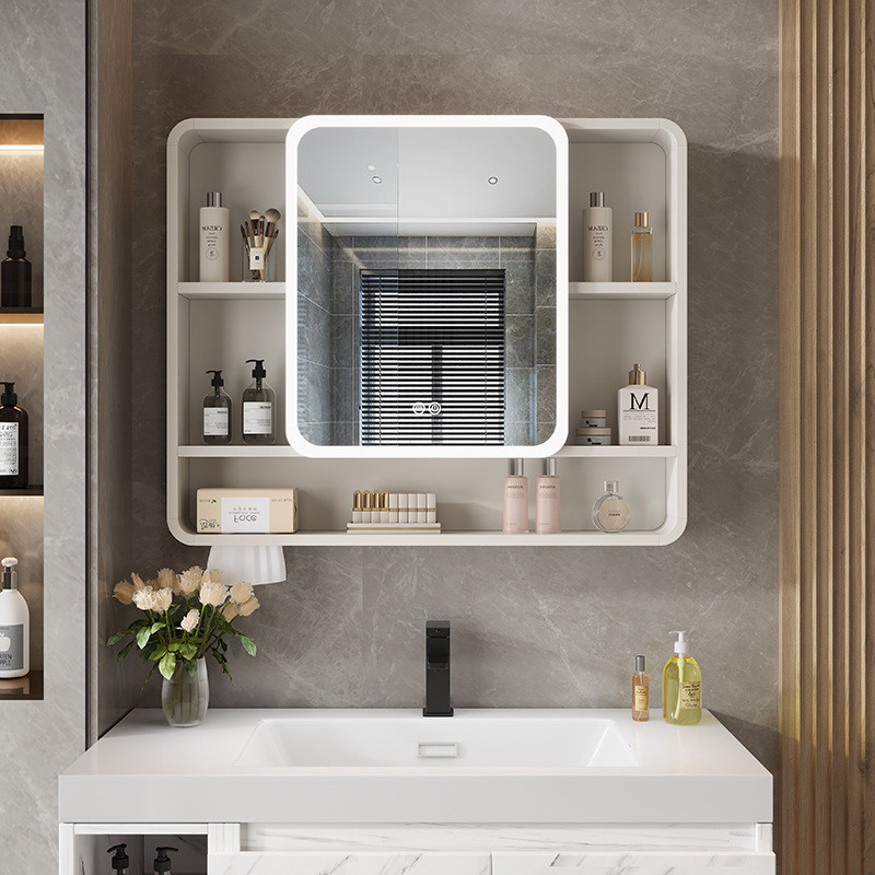 热销镜面铝合金圆角浴室镜柜挂墙式带抽纸孔智能简约卫生间收纳柜