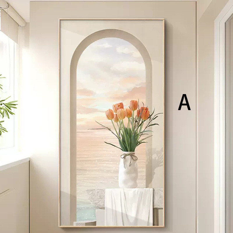 奶油北欧玄关装饰画海景日出绿植花卉壁画风竖版高档走廊过道挂画图片