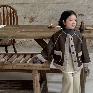 韩版 韩国童装 加厚加绒洋气仿皮中童保暖外套 新品 莱抱抱2024秋冬季