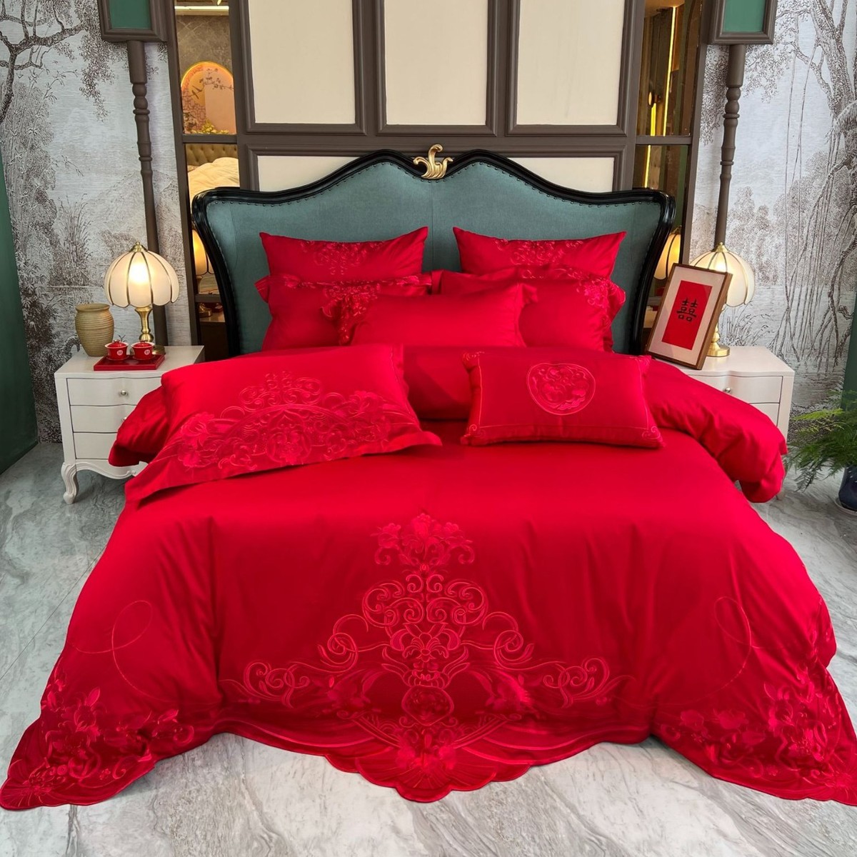花卉刺绣四件套婚庆家纺红色四件套喜结婚床上用品陪嫁长绒棉被