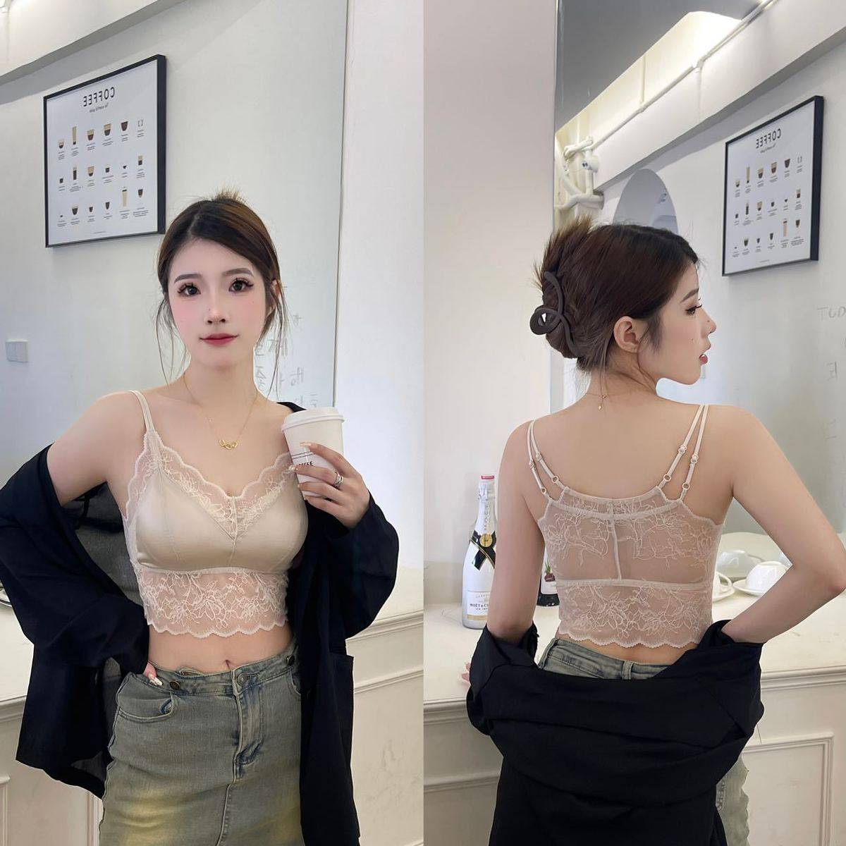 抖音蕾丝花边内衣内搭外穿美背裹胸双肩细肩带带胸垫修身打底背心