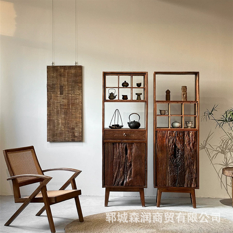 热销老榆木博古架客厅格子柜双开门茶具储物柜家具榆木卧室置物柜