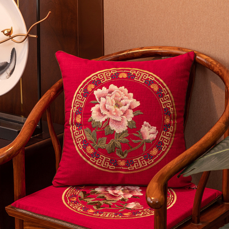 亚麻电脑靠垫抱枕新中式沙发垫实木沙发垫刺绣坐垫