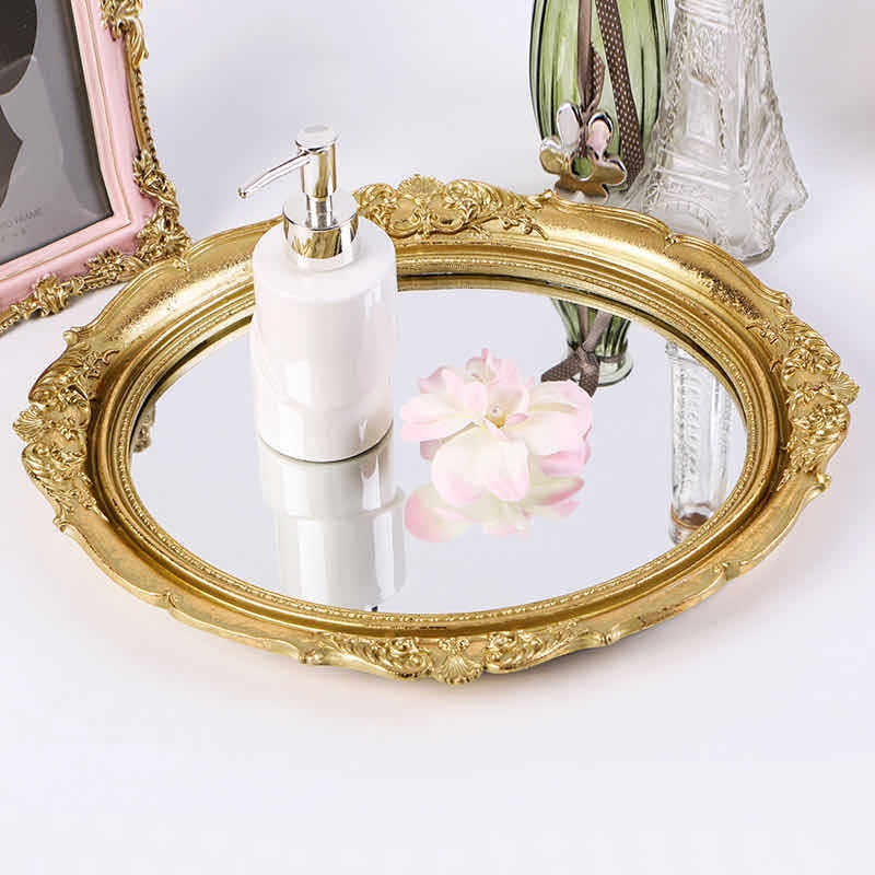 欧式复古古铜道具镜子梳妆化妆镜墙面装饰壁挂托盘收纳摆件雕花