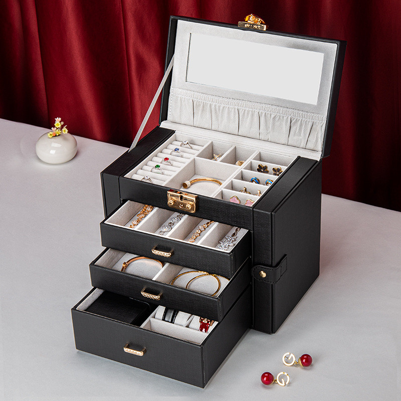 热销量大多层优厂家直销十字纹理皮革价大容量抽屉式珠宝盒