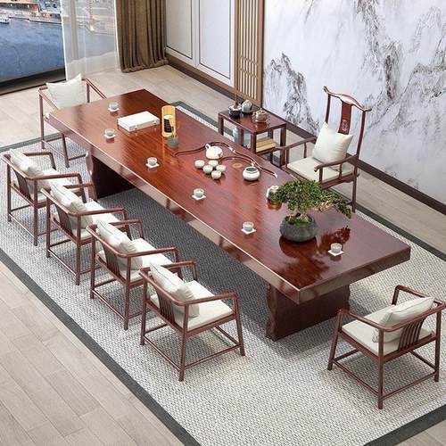 新中式办公室自然边大板桌刻茶盘泡茶桌实木茶桌椅组合接待茶台