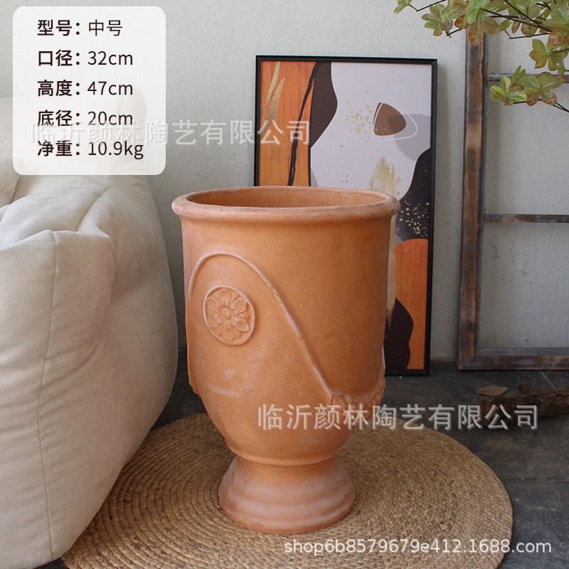 美式陶盆乡村酒杯花盆罗马风格外贸出口高粗陶盆落地红陶盆盆脚盆