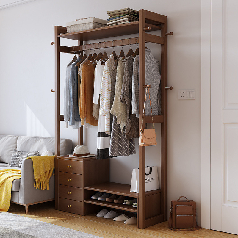 灰色轻奢全实木落地衣帽架卧室衣架挂衣架一体家用客厅进门置鞋架