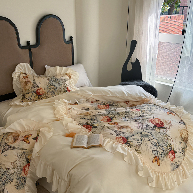 法式复古超柔软水洗棉公主风床上四件套褶皱花边床单被套床品床笠