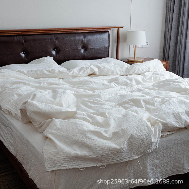 日式水洗全棉四件套民宿纯白色酒店床上用品被套床单裸睡优质