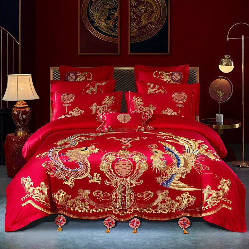 龙凤刺绣结婚床上用品四件套大红色全棉被套套叠婚六件备石桥家纺,床上用品,婚庆床品套件,淘宝优惠券,粉丝福利购,淘宝优惠卷