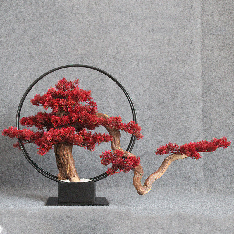四季款仿真植物花架创意仿真迎客松工艺摆件新中式底座工艺品