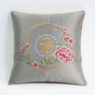 中国风抱枕套刺绣福字丝绸缎新中式绣花沙发靠垫套红色不含芯方形