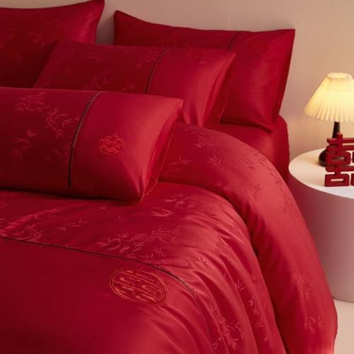 新中式婚庆高端提花结婚四件套全棉红色床单喜被婚嫁被套床上用品