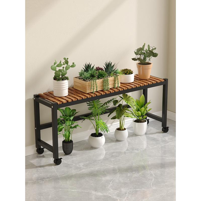 热销a*阳台花架置物架实木长条移动带户外防腐木室内轮落地绿萝花