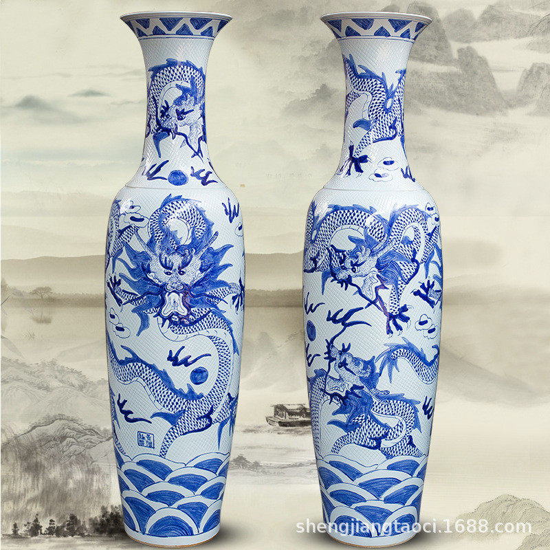 景德镇陶瓷五龙青花瓷戏珠落地大花瓶客厅公司装饰摆件开业礼花瓶