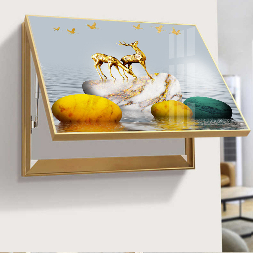 中式山水液压翻盖壁画配电箱晶瓷画电表箱装饰画开关电源遮挡挂